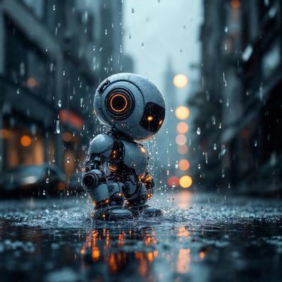 Primary subject: A robot with a face and a single eye, standing in the rain.

Setting/background: The robot is standing on a street in a city, surrounded by buildings and rain.

Visual style: The image is a digital artwork, featuring a robot with a face and a single eye.

Colors and mood: The image has a dark and moody atmosphere, with the robot standing in the rain and the city street illuminated by streetlights.